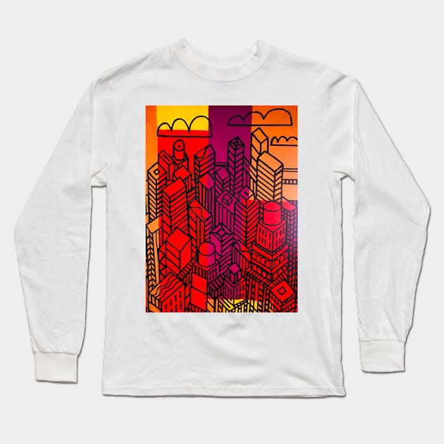 Red Cityscape Long Sleeve T-Shirt by Ideacircus